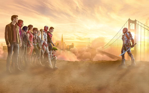 Titans TV show 2K Quad HD PC desktop wallpaper: team of heroes on a misty cliff confronting an armored opponent by a golden bridge at sunrise.