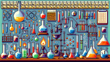 Colorful HD chemistry-themed desktop wallpaper featuring laboratory equipment and periodic table.
