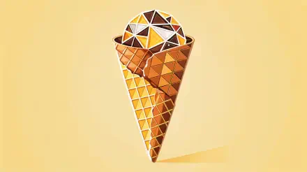 A stylized waffle cone filled with a geometric scoop of ice cream against a warm yellow background, presented as a vivid 4K Ultra HD desktop wallpaper.