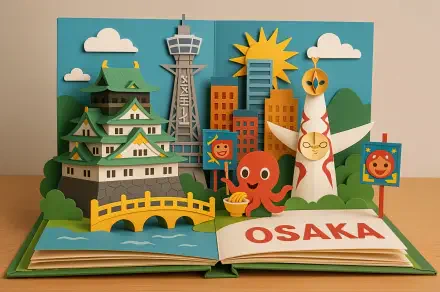 A colorful 4K Ultra HD paper art illustration of Osaka landmarks, including Osaka Castle, Tsutenkaku Tower, and the Tower of the Sun, displayed on an open book.