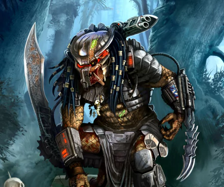 HD sci-fi desktop wallpaper featuring the iconic Predator warrior armed with advanced weaponry in a dense, eerie jungle setting.