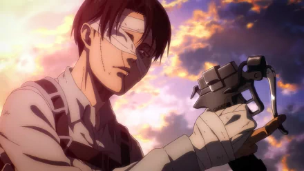 A stunning HD wallpaper featuring Levi Ackerman from Attack on Titan, showcasing his determined expression against a dramatic sunset backdrop.