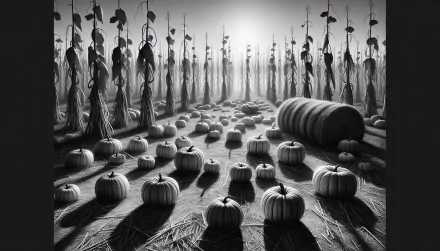HD desktop wallpaper featuring a monochrome pumpkin patch with scattered pumpkins on the ground and a hay bale, under a backdrop of towering sunflower stalks without petals, suggesting an autumnal or spooky theme.
