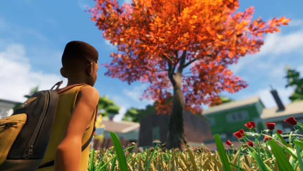 HD wallpaper of a scene from the video game Grounded featuring a character observing a vibrant orange tree in a backyard setting with a suburban home in the distance, evoking a sense of miniature scale and adventure.