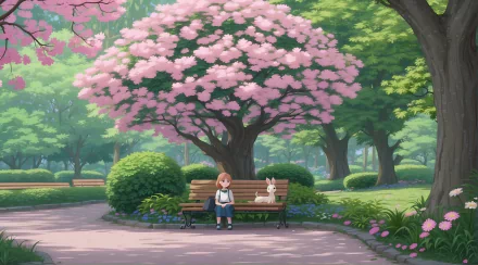 Anime, Anime Art — 2K Quad HD PC desktop wallpaper and background: a schoolgirl sits on a bench beside a white rabbit beneath a blooming pink cherry tree in a sunlit park.