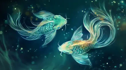 A vibrant HD wallpaper featuring two ethereal fish, symbolizing Pisces in astrology, swimming against a mystical underwater backdrop, filled with shimmering light and color.