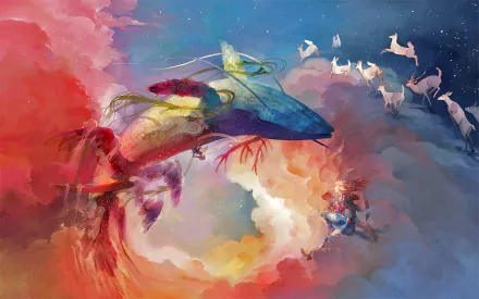 A vibrant fantasy scene featuring a majestic whale soaring through colorful clouds, accompanied by ethereal creatures in a dreamlike atmosphere. An enchanting HD wallpaper for your desktop.