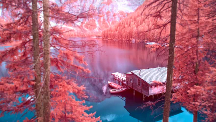 HD infrared photography of a serene cabin by a tranquil lake, surrounded by trees and mountains. The unique color palette provides a stunning and otherworldly background for desktop wallpaper.
