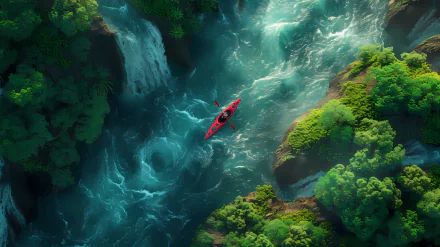Red kayak navigating through turbulent river waters in a lush canyon - HD nature wallpaper.