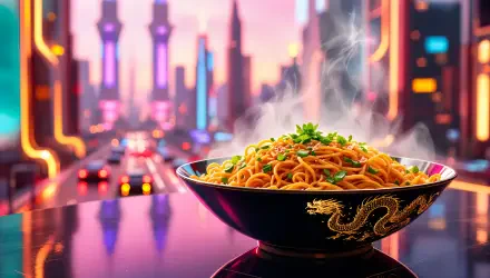 A vibrant bowl of steaming Chinese noodles garnished with green onions, set against a futuristic cityscape illuminated by colorful lights, captured in 4K Ultra HD quality.