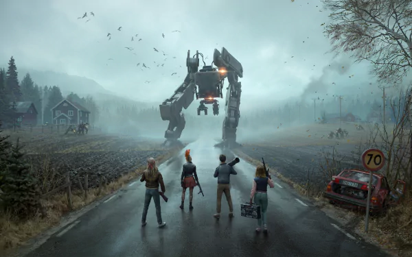 8K Ultra HD PC wallpaper from the video game Generation Zero, featuring four characters facing a towering robotic enemy on a foggy rural road.