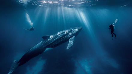 2K Quad HD PC desktop wallpaper and background: whale shark glides through sunlit blue ocean as two divers float nearby.