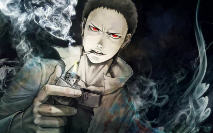 Angry Zombieman from One-Punch Man holds a lighter, smoke swirling around him. With black hair and striking red eyes, this HD wallpaper captures his intense demeanor.