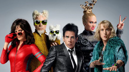 HD desktop wallpaper: Zoolander 2 ensemble — Mugatu, Derek Zoolander, Hansel, Alexanya Atoz and Valentina Valencia in a glamorous, outrageously styled comedic group portrait.