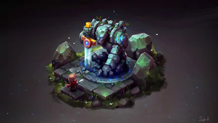Artistic isometric HD wallpaper featuring a stylized rocky golem and a small character near a glowing magical structure.