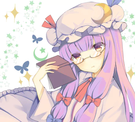 HD PC desktop wallpaper featuring Patchouli Knowledge from Touhou, depicted with purple hair, glasses, and a book, surrounded by stars and butterflies in a soft anime style.