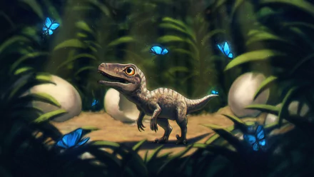 HD PC desktop wallpaper showing a small dinosaur surrounded by blue butterflies and large eggs in a lush, green prehistoric setting.