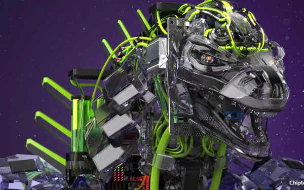 Sleek robotic dinosaur head with chrome plating, neon green cables and mechanical components against a purple starfield — 2K Quad HD PC desktop wallpaper and background.