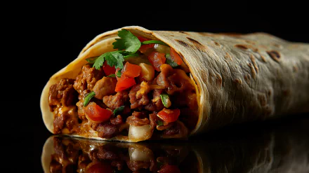 A close-up of a delicious burrito filled with meat, tomatoes, and cilantro, displayed against a sleek black background, creating an enticing HD desktop wallpaper.
