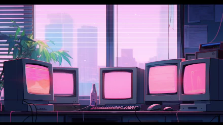 A vibrant HD desktop wallpaper featuring multiple CRT monitors on a desk, with a cityscape visible through a window and a touch of greenery, creating a nostalgic tech atmosphere.