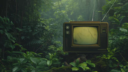 Vintage TV in a foggy forest setting HD wallpaper