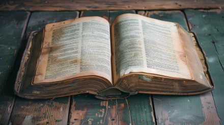 An open Bible on a wooden table serves as a serene HD desktop wallpaper background.