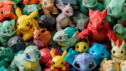 A vibrant HD desktop wallpaper featuring a collection of polygon-style Pokémon, including Pikachu, Bulbasaur, and Squirtle, creating a colorful and dynamic scene.