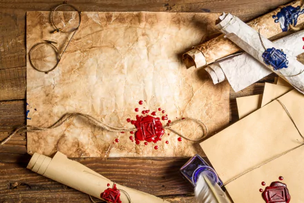 HD PC desktop wallpaper featuring a vintage letter setup with aged paper, sealed envelopes, wax seal, and old-fashioned spectacles, captured through photography.