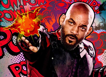 Will Smith as Deadshot, featured in vibrant HD artwork from the movie Suicide Squad, showcases explosive action against a colorful, comic-inspired background.