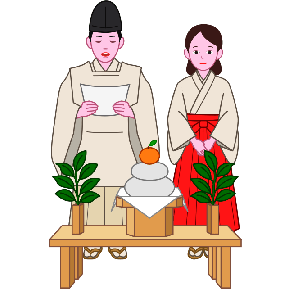 榊と鏡餅を前にして正月の祝詞を奏上している神主と、側に控えている巫女のイラスト