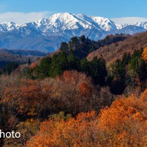 雪の飯豊山と紅葉