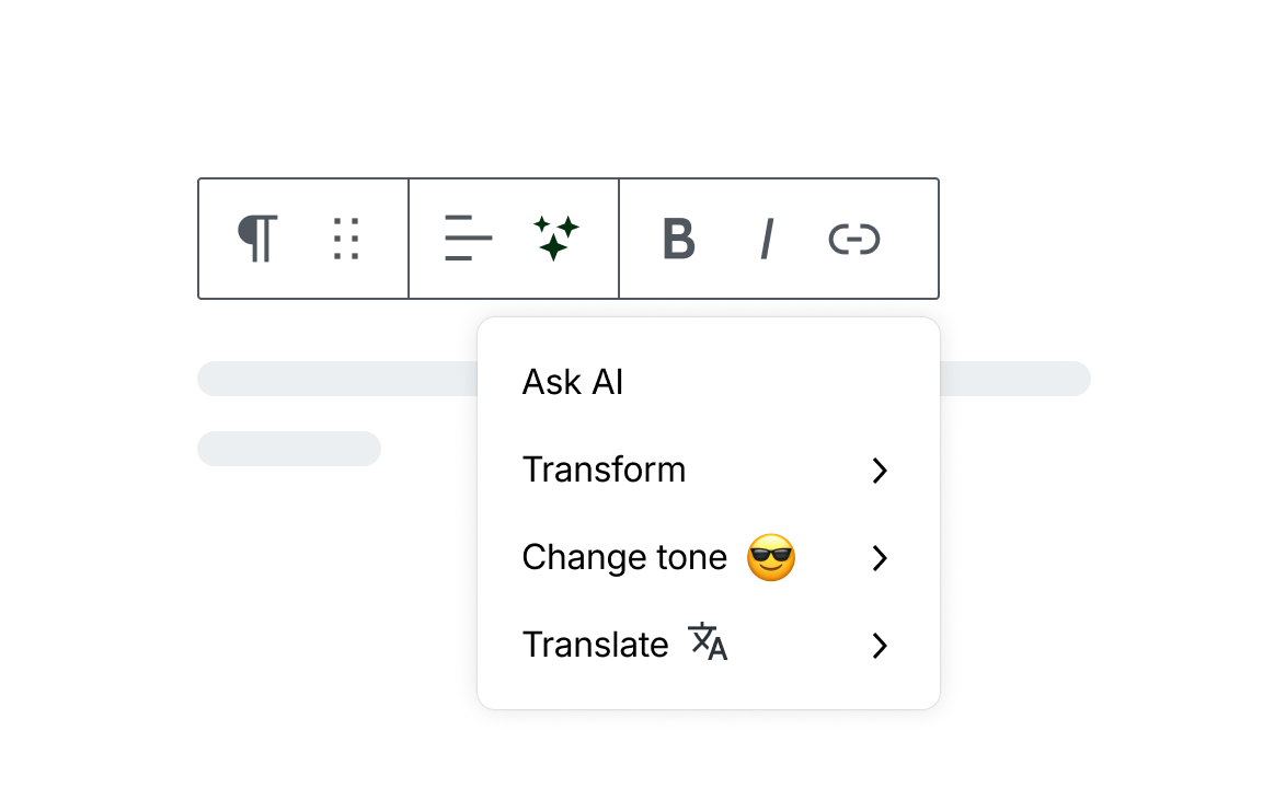 options to Ask AI, transorm, change tone, or translate