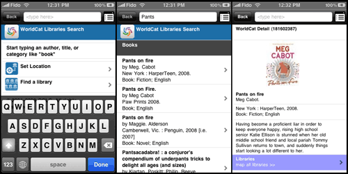WorldCat Mobile App UI for search, list, and detail pages