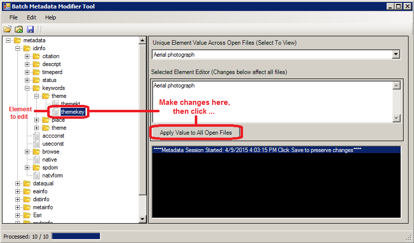 Figure 1 - Screenshot from the Batch Metadata Modifier Tool. The image shows some features used to make changes to a single element across many files.