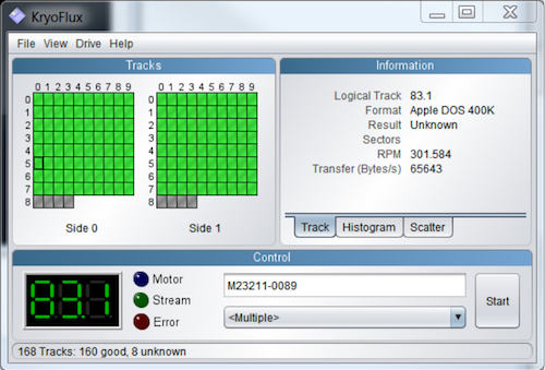 Viewing sector matches in the Kryoflux graphical user interface showing 160 good sectors and 8 unknown