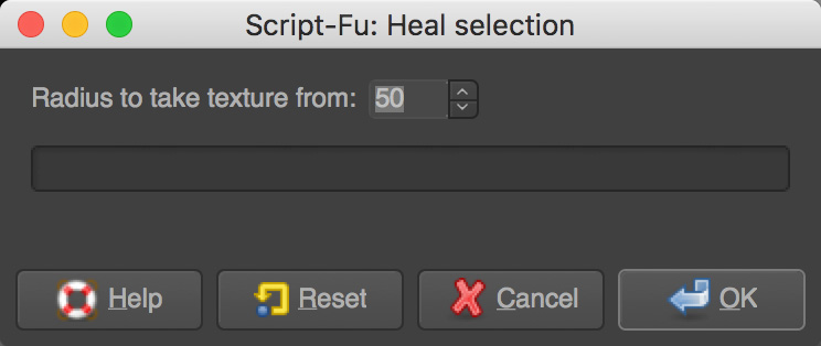 Screenshots of handling setting within GIMP. Radius to take texture from is 50.