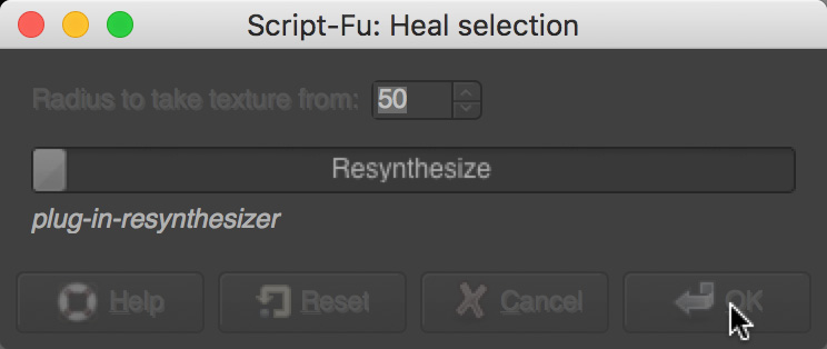 Screenshots of handling setting within GIMP. And resynthesize runs.