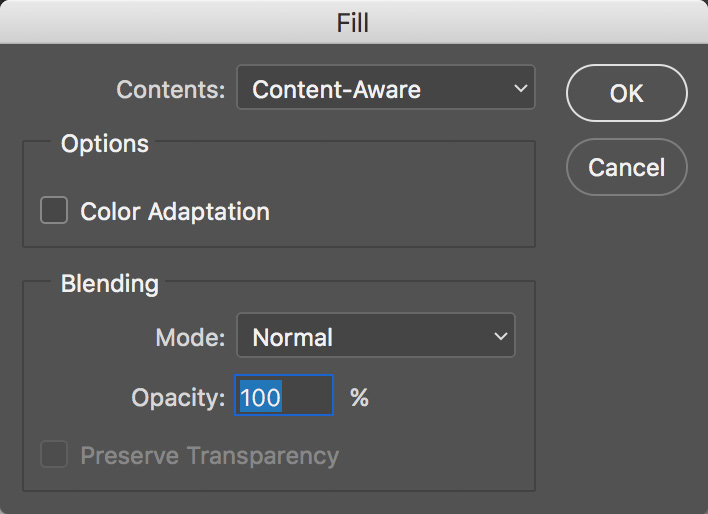A screenshot of the proper settings on the content aware menu