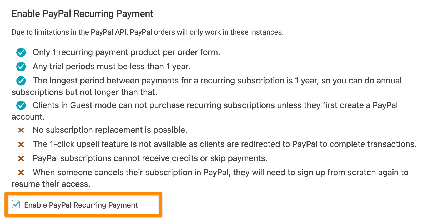 Screenshot to enable paypal recurring payments