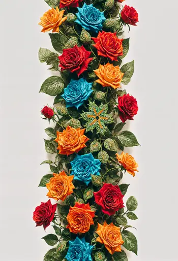 A vertical arrangement of flowers rises including large roses in vivid red, fiery orange, and deep blue with patterned green buds and leaves weaving upward between them adding balance. 