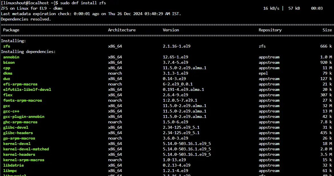 Install ZFS file system on Almalinux 9