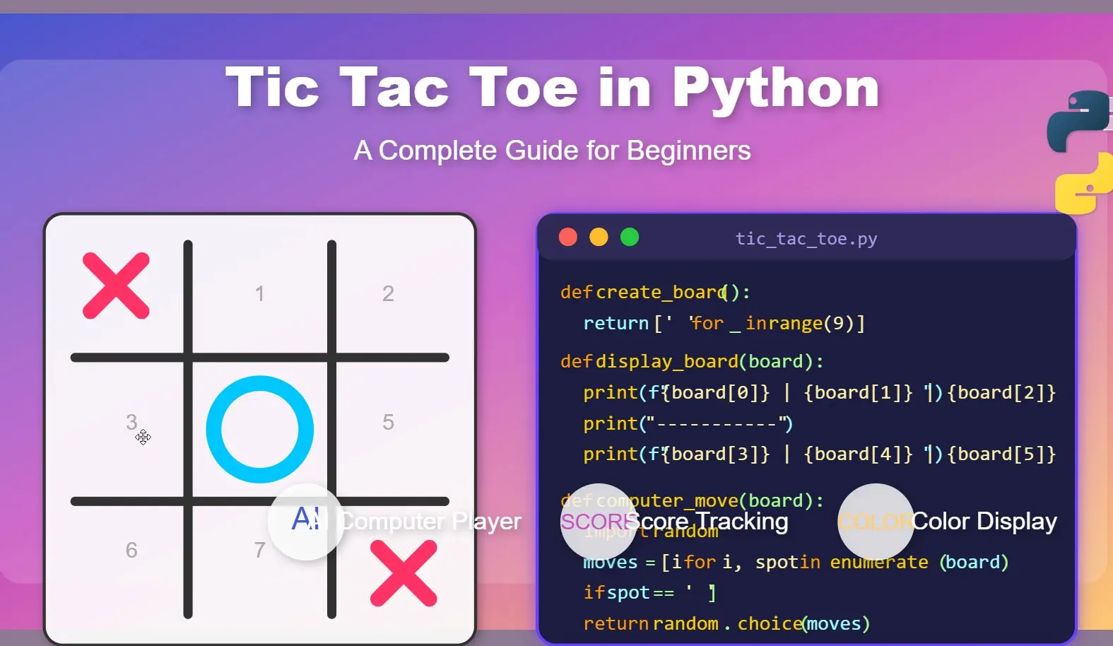 Colorful Python Tic Tac Toe game code and board with AI opponent and score tracking features