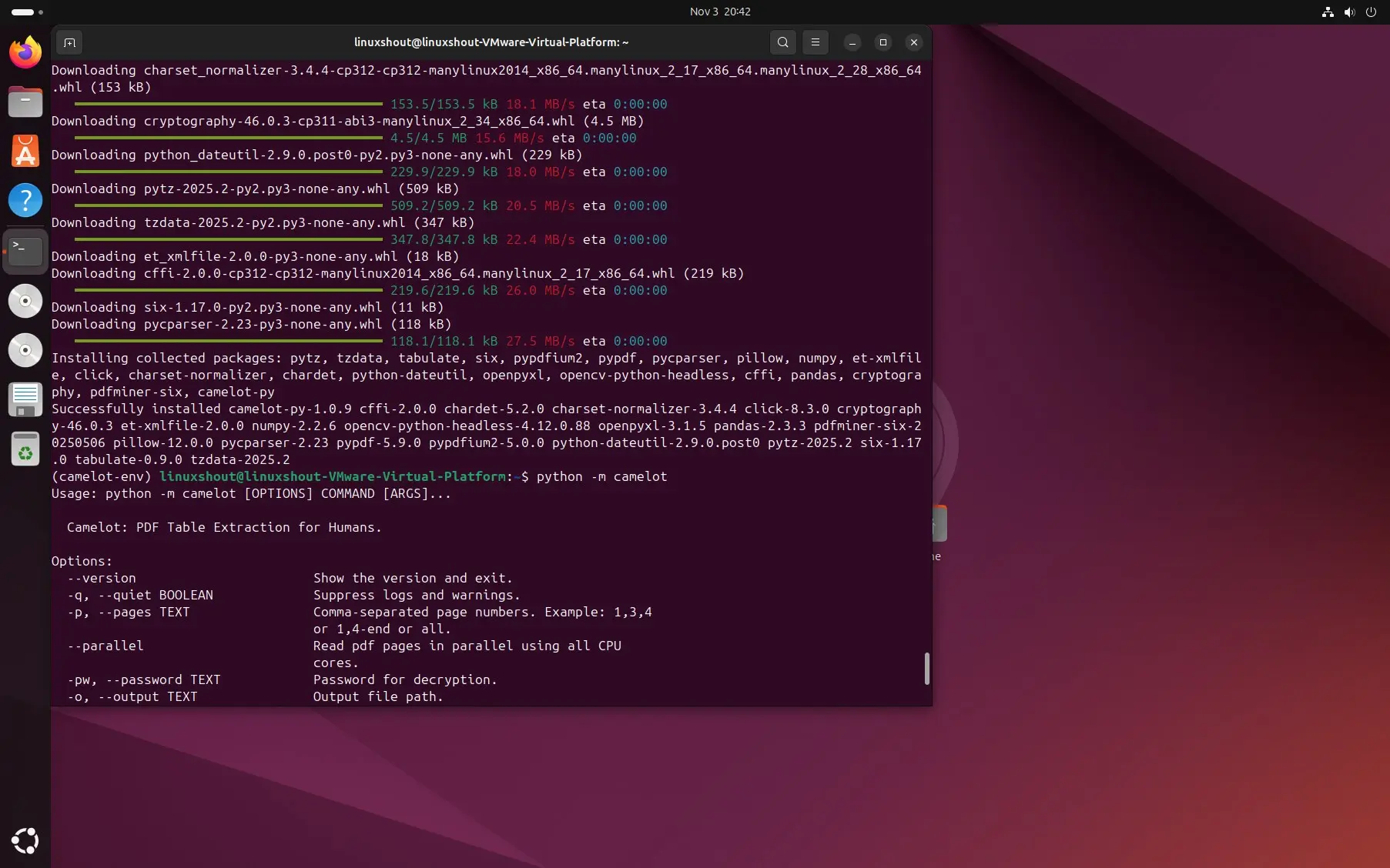 Install Camelot (with OpenCV) on Ubuntu