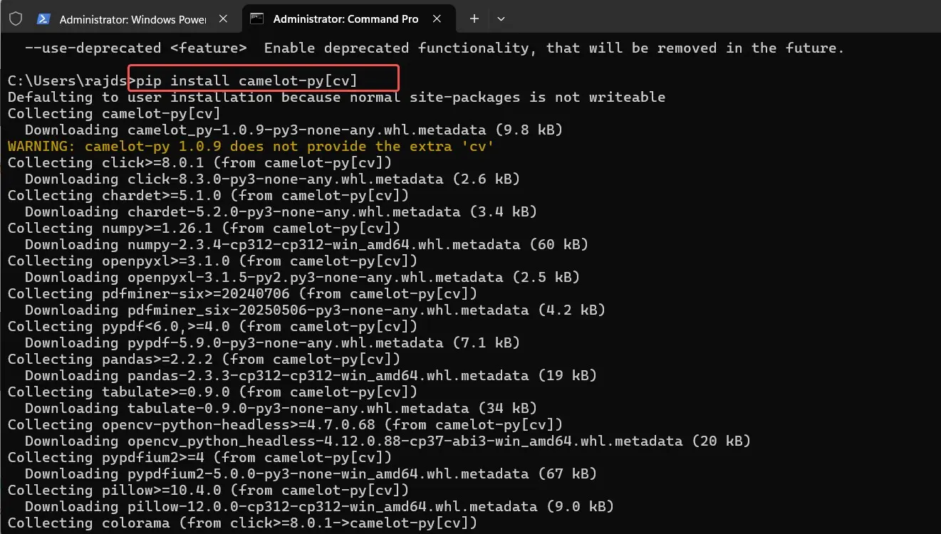 Install python camelot on Windows 11