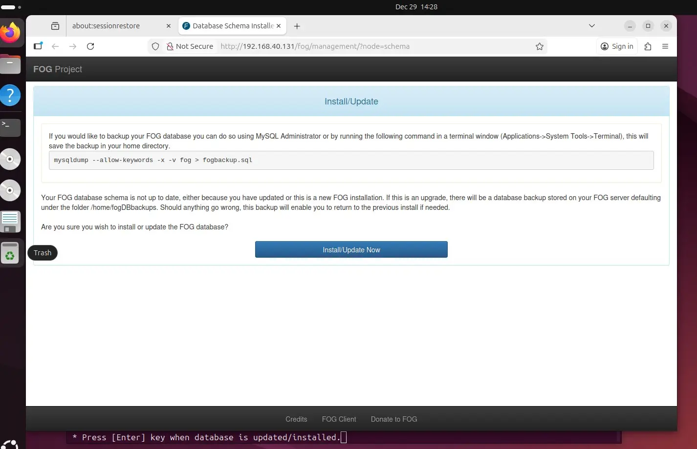 Install FOG database now