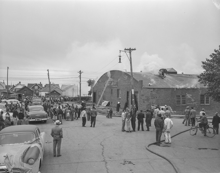 Fire at Miller Motors Body Shop, Edmonton, Alberta, 1954