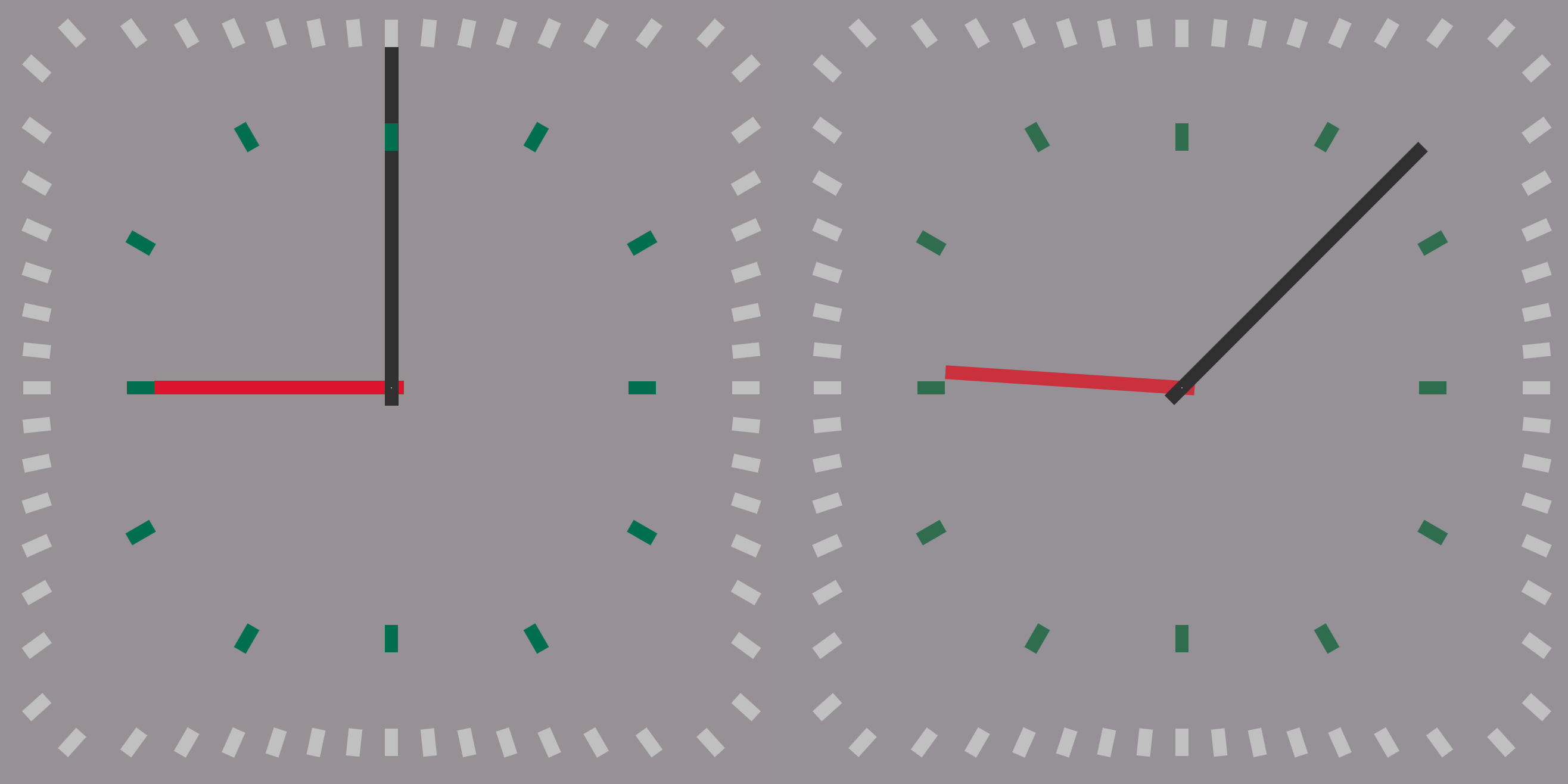 Two square clocks, the one points at 9:00 and the other at 9:07:30.