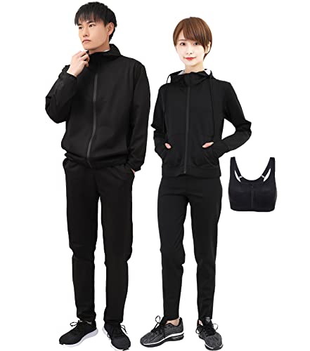 [Smarty] 世界代表選手も愛用 動画付 サウナスーツ レディース メンズ ダイエット 上下セット ３点セット 洗濯可 大量発汗 ランニング ウォーキング スポーツブラ付 エクササイズ (ブラックLady's, Small)