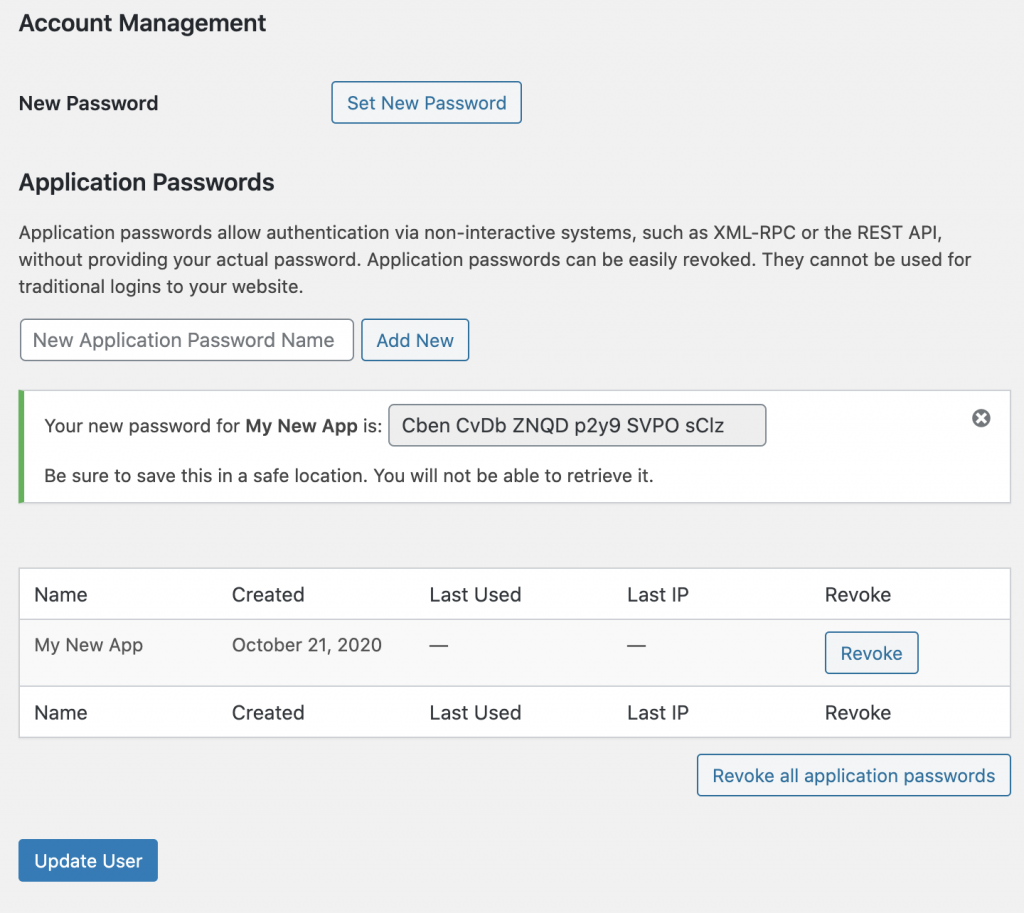 The Application Passwords section of Edit User screen, after a new application password has been created.