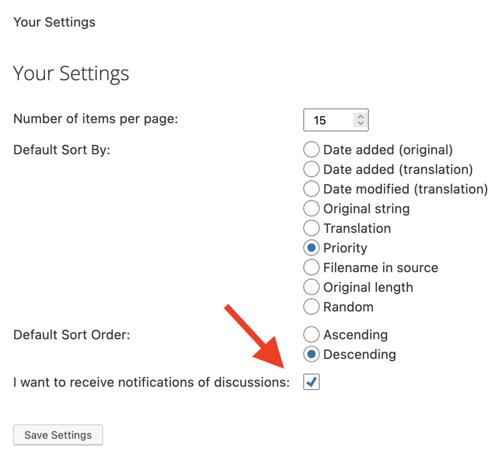 A screenshot of the Settings page on translate.wordpress.org to opt-into feedback notifications.